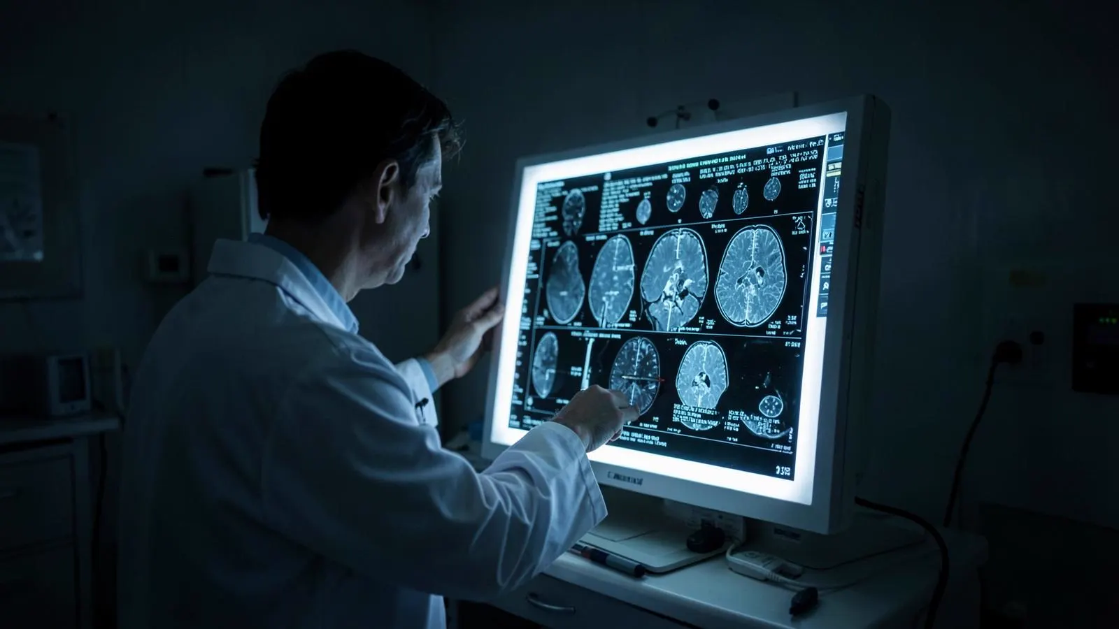 Physician reviewing brain scans on a medical display