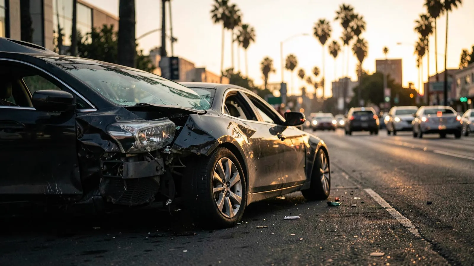 Damaged car on a Los Angeles boulevard after a collision