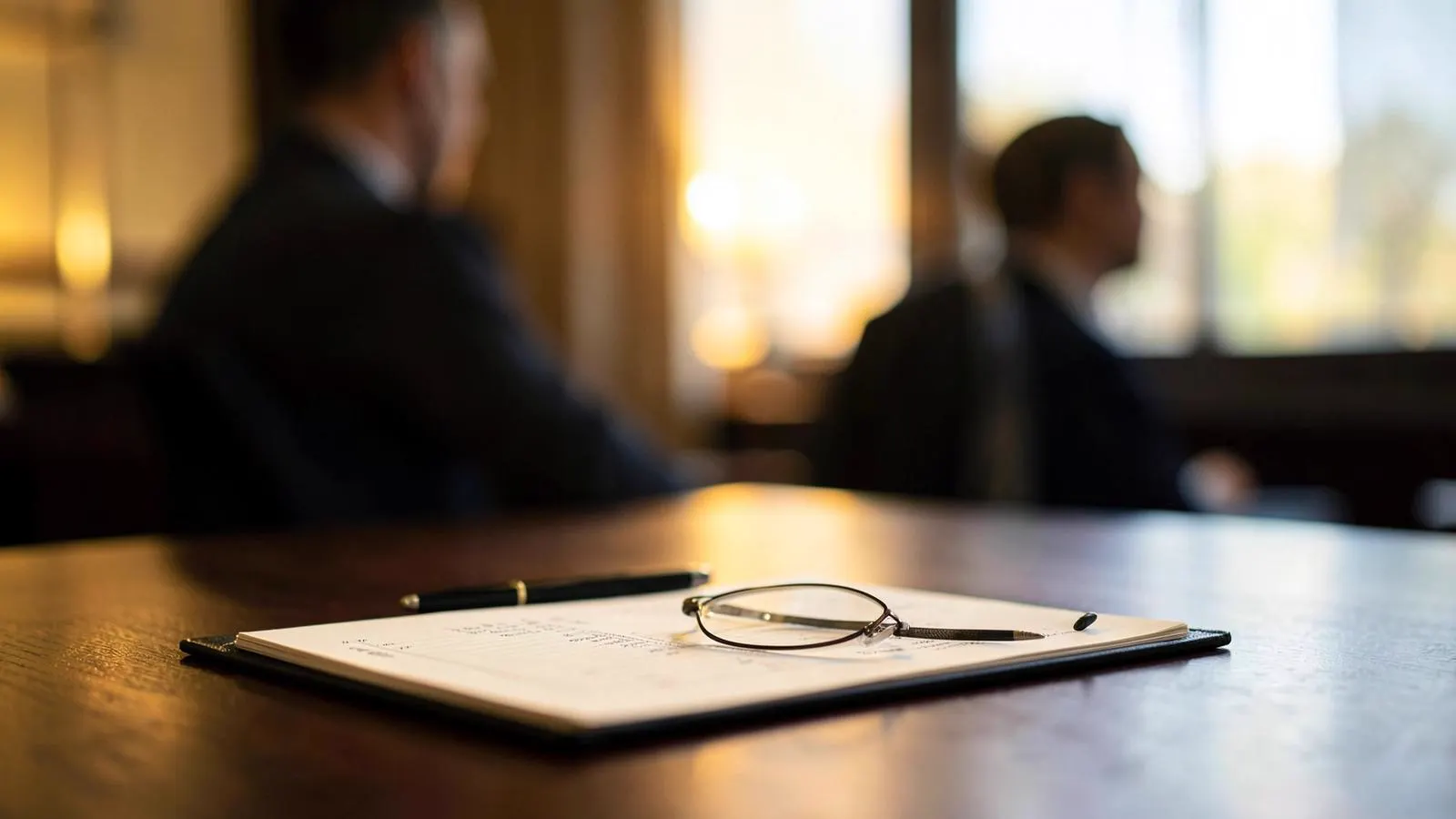 Legal pad, pen and glasses on a law office consultation table