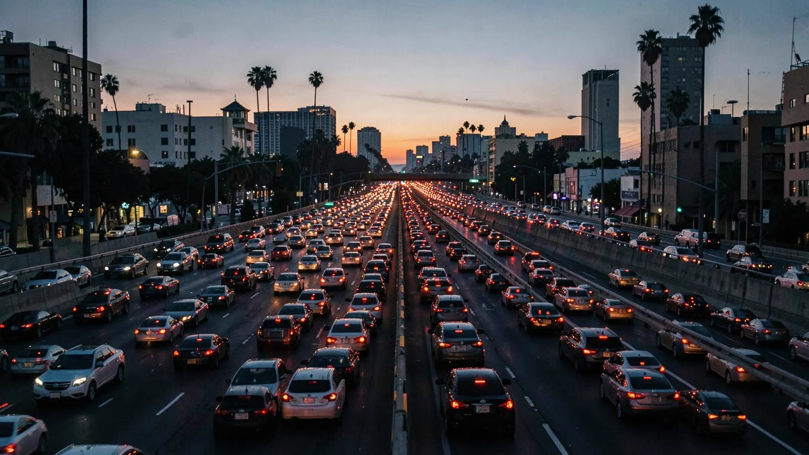 Congested Los Angeles freeway at dusk seen from an overpass