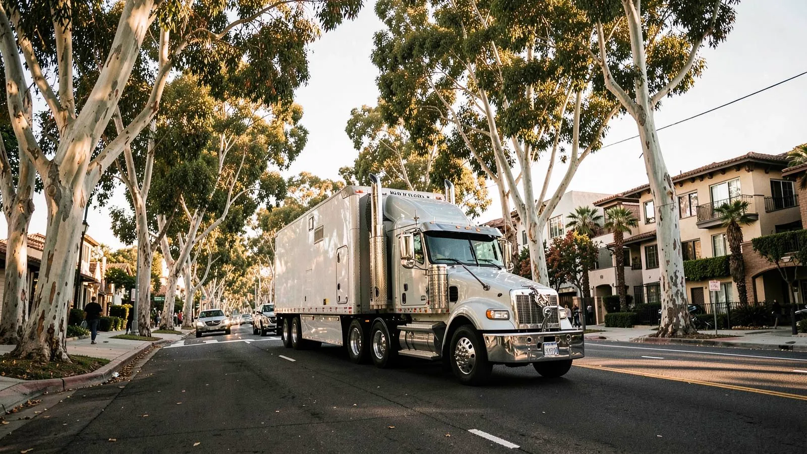 Semi truck on a tree-lined Brentwood boulevard in the afternoon