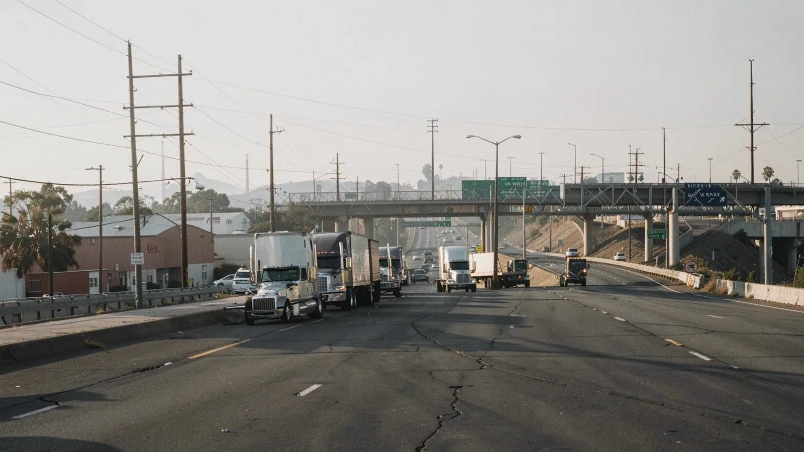 Semi trucks on a wide industrial roadway near freeway interchanges in Downey