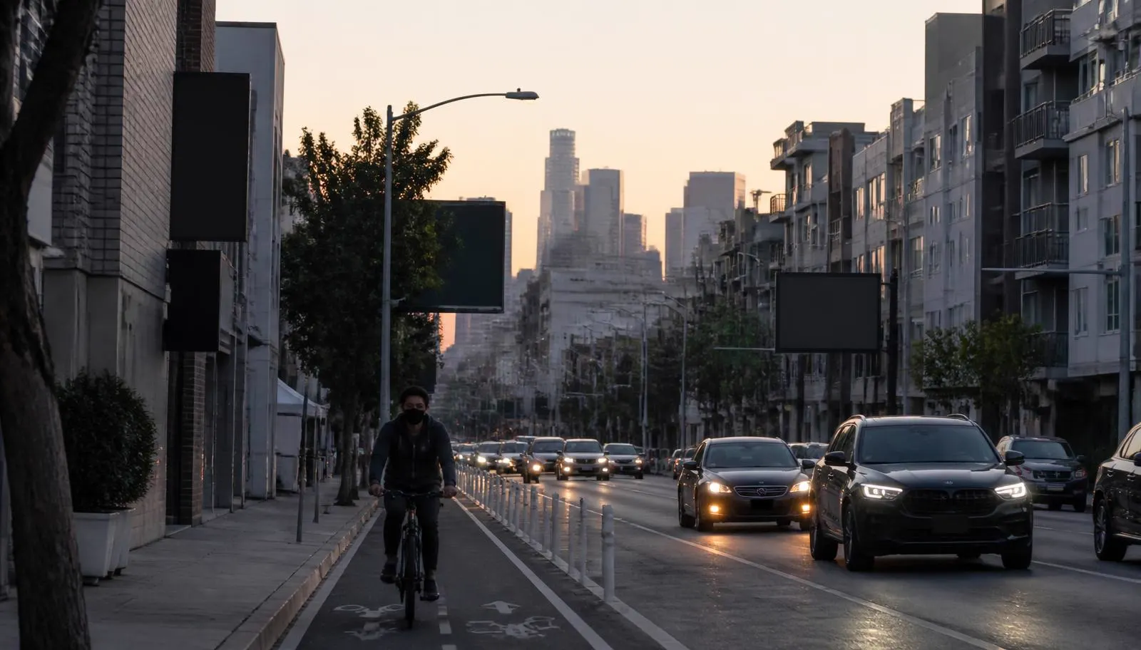 Cyclist in a protected bike lane on a Koreatown street at dusk
