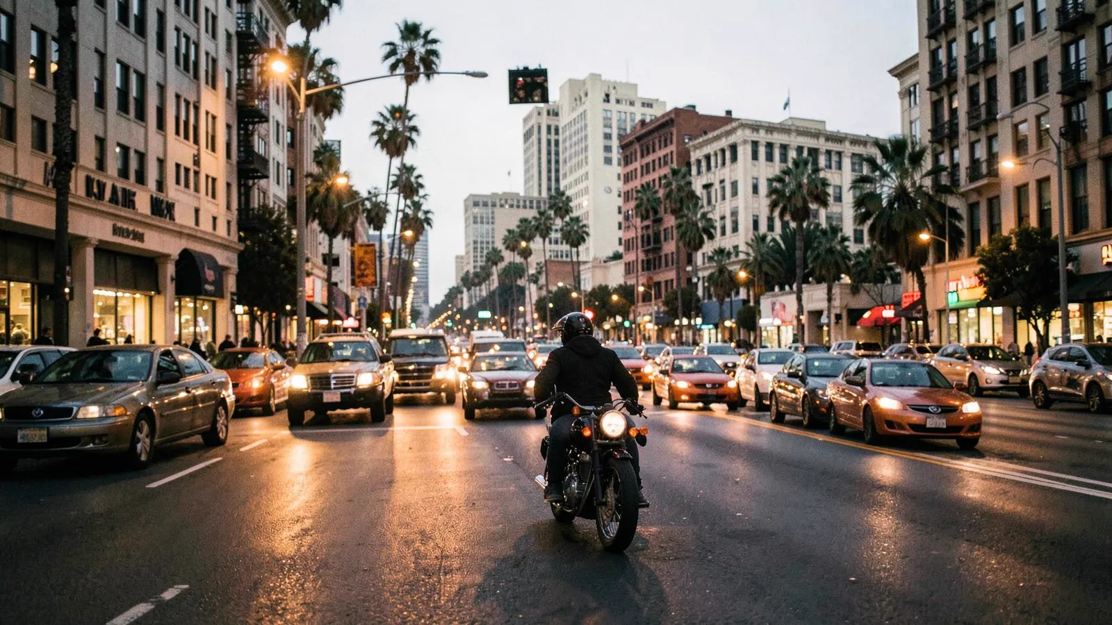 Motorcycle rider in evening traffic on a Mid-Wilshire boulevard in Los Angeles
