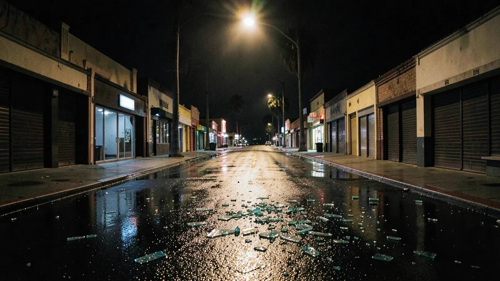 Empty Hollywood street at night with broken glass on the pavement