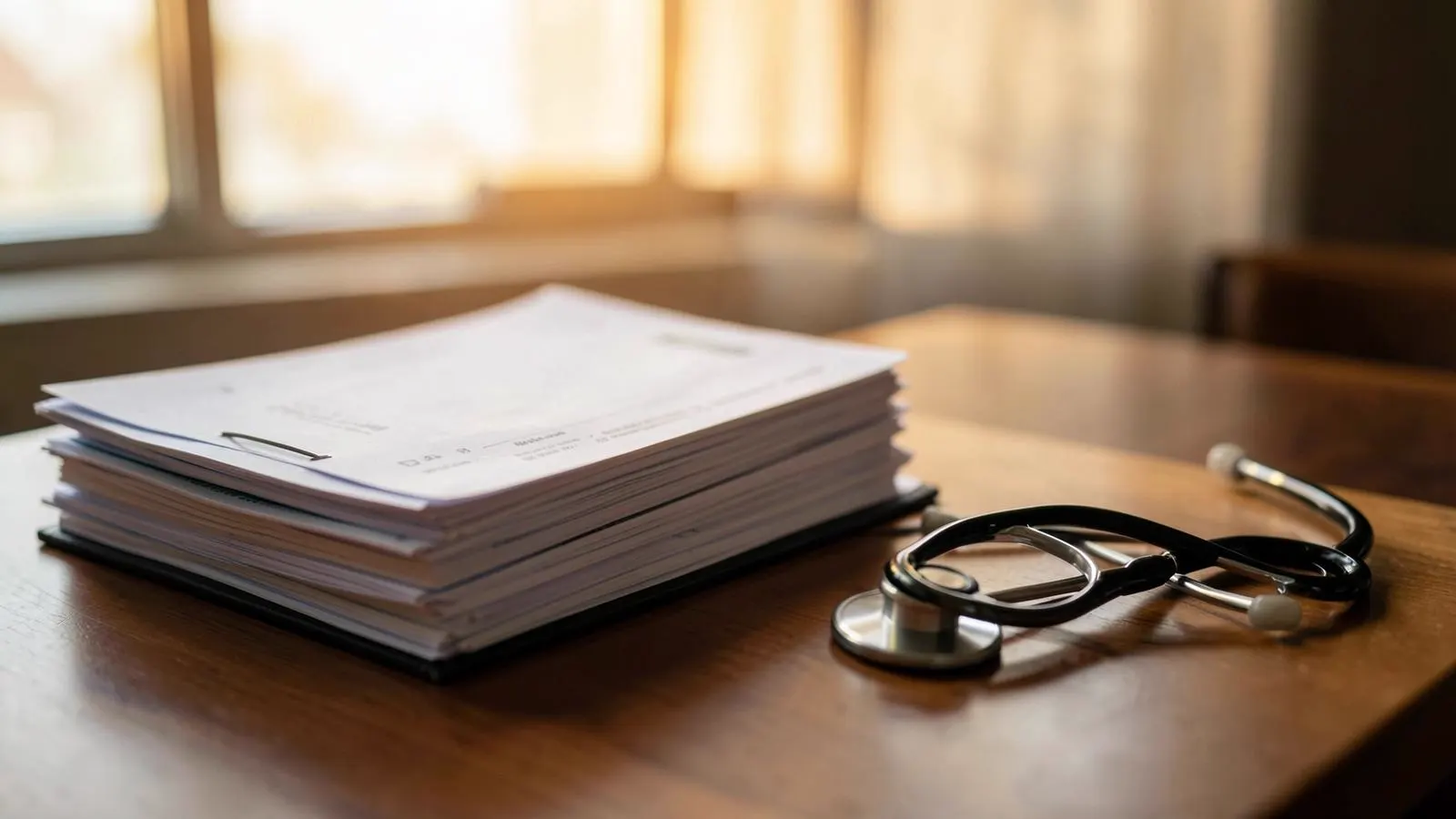 Stack of medical records and a stethoscope on a desk