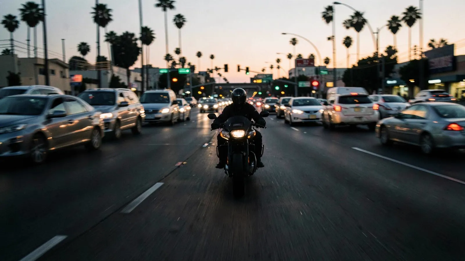 Motorcycle rider between lanes of Los Angeles traffic at dusk
