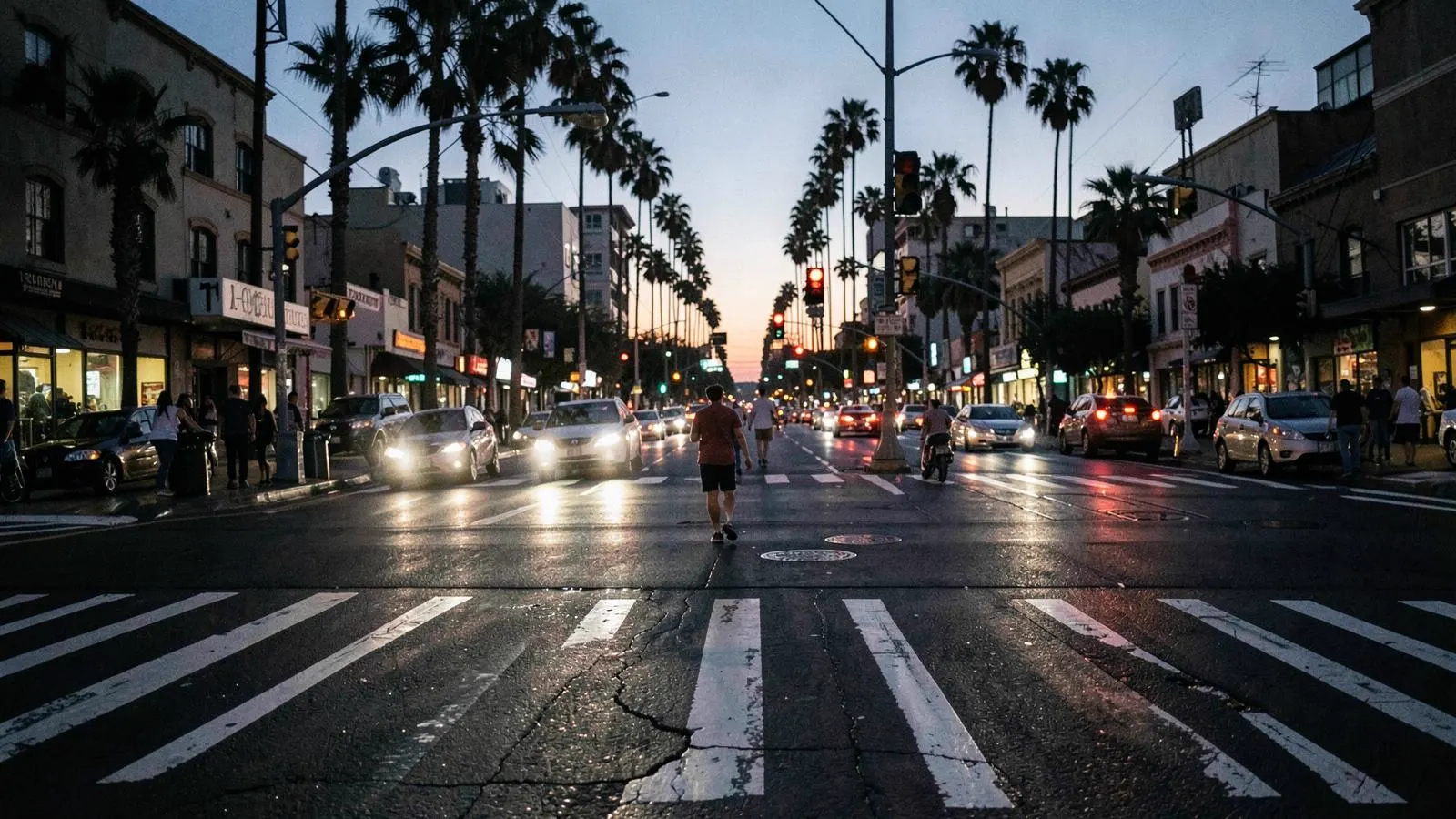 Pedestrian crossing a busy Los Angeles street at dusk