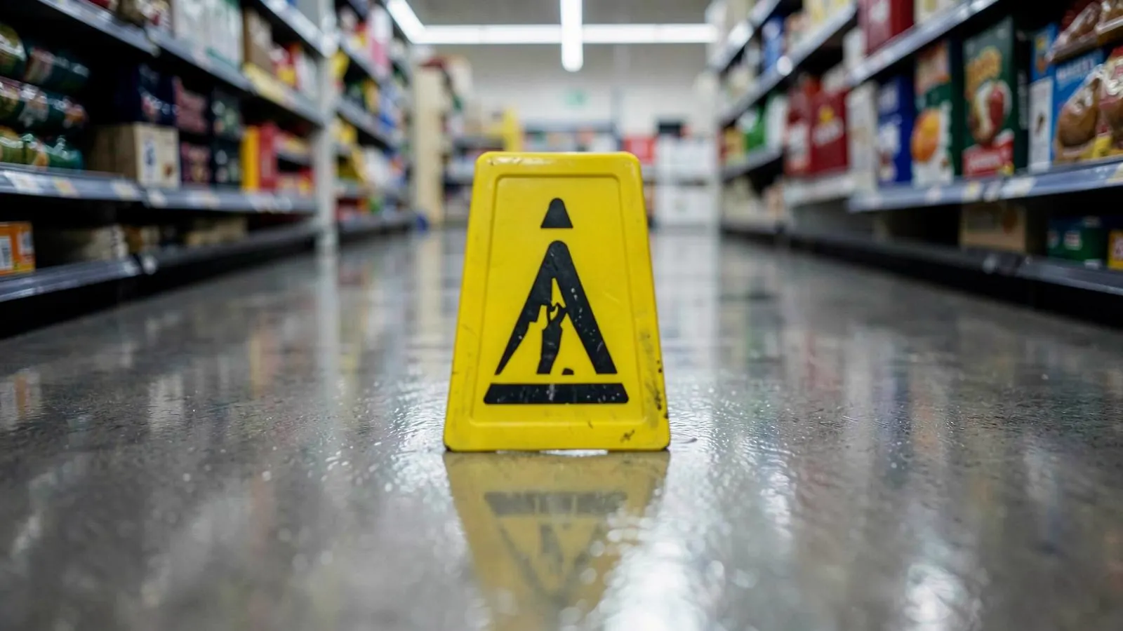 Wet floor caution sign in a store aisle