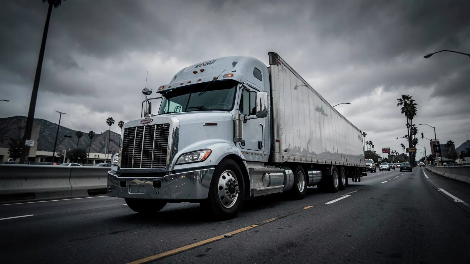 Semi truck on a Los Angeles freeway under a stormy sky