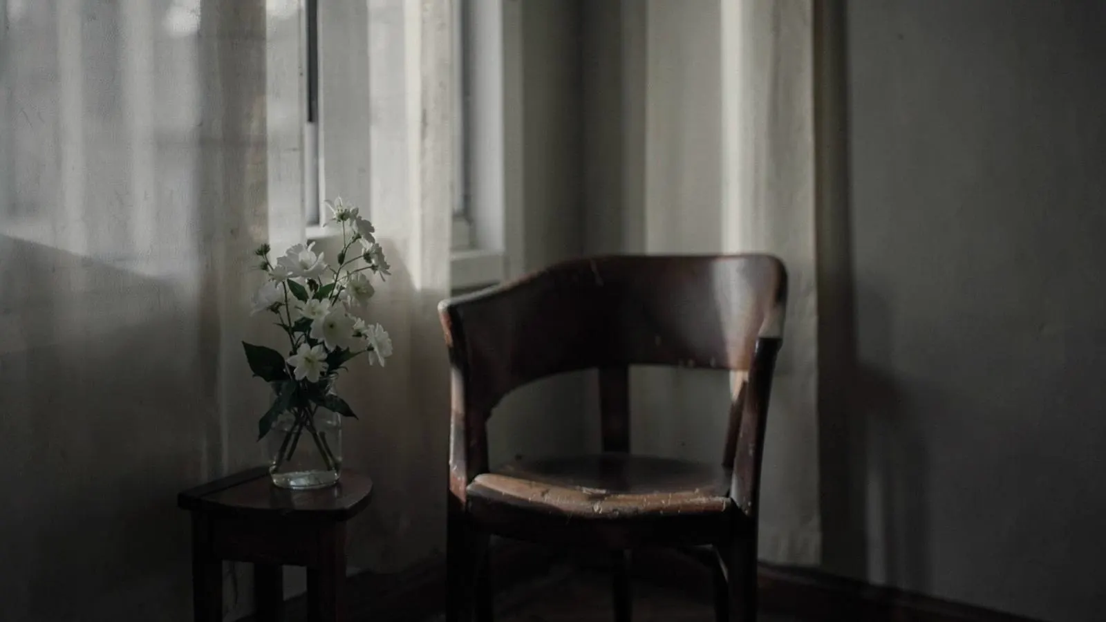 Quiet room with an empty chair and white flowers by a window