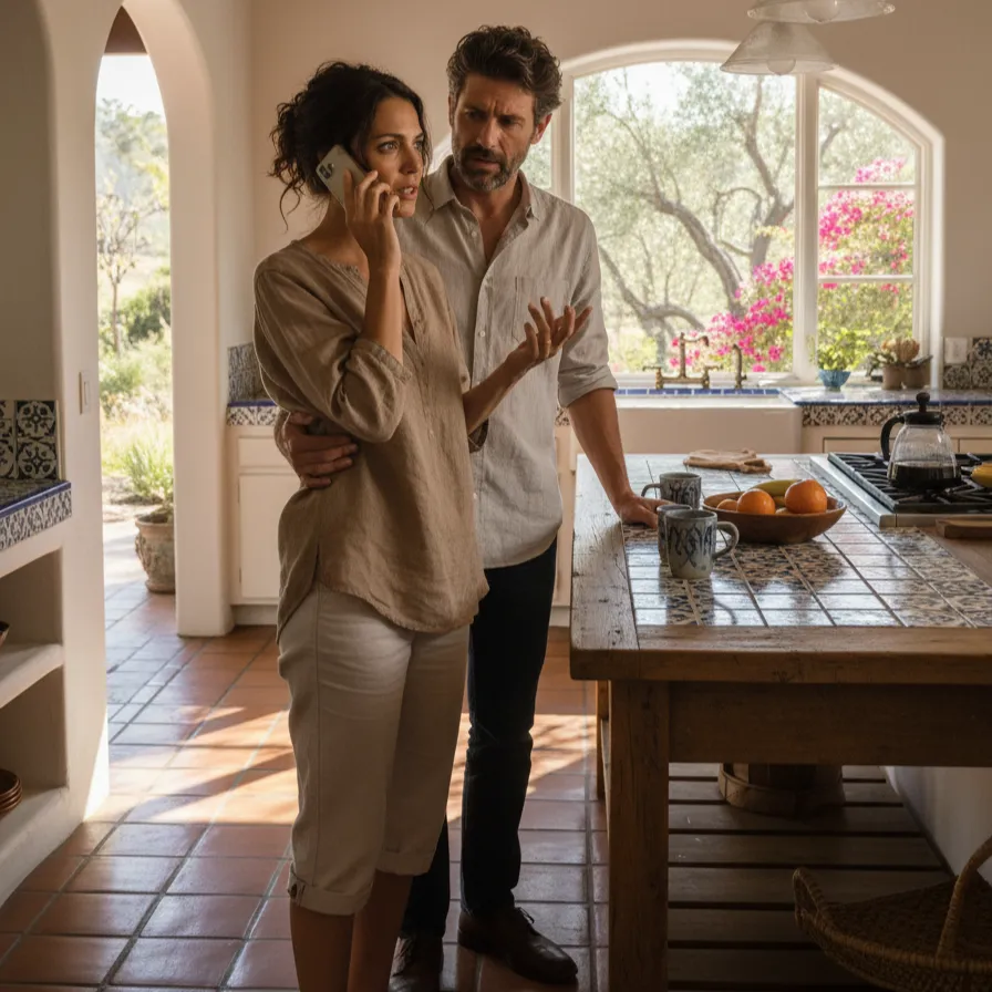 Couple making a critical phone call after an accident